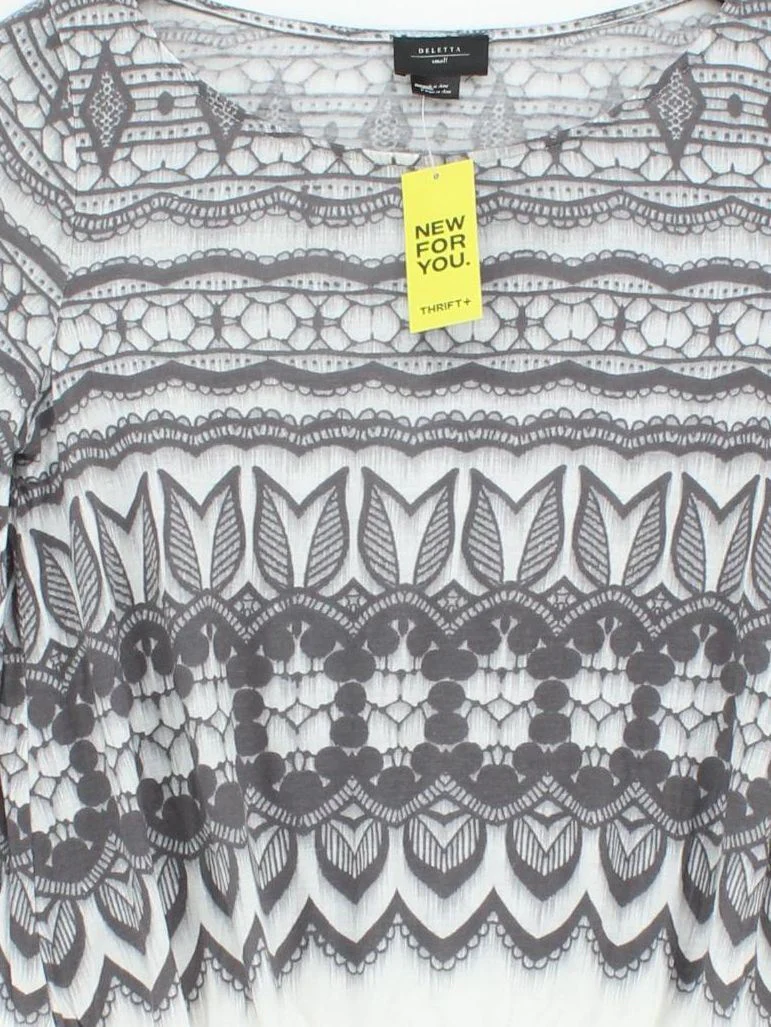 Deletta Women's Top S White Geometric 100% Rayon 3/4 Sleeve Round Neck Basic - Image 3